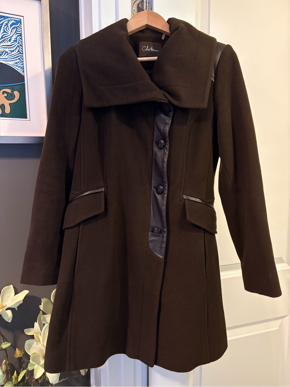 Cole Haan Women's Dark Brown Wool Blend and Leather Coat